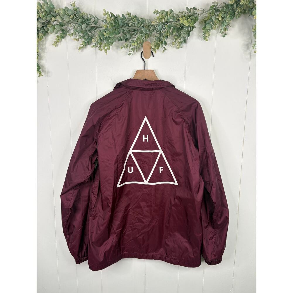 HUF Mens Triple Triangle Coach Jacket Medium Maroon Snap Front WIndbreaker - Picture 7 of 9